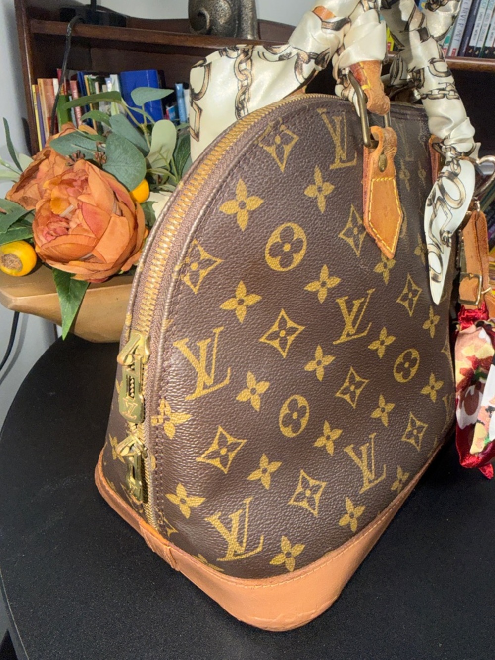 Louis Vuitton Alma Brown Monogram Satchel with Tan Trim and Red Accent Scarves - Picture 3 of 14